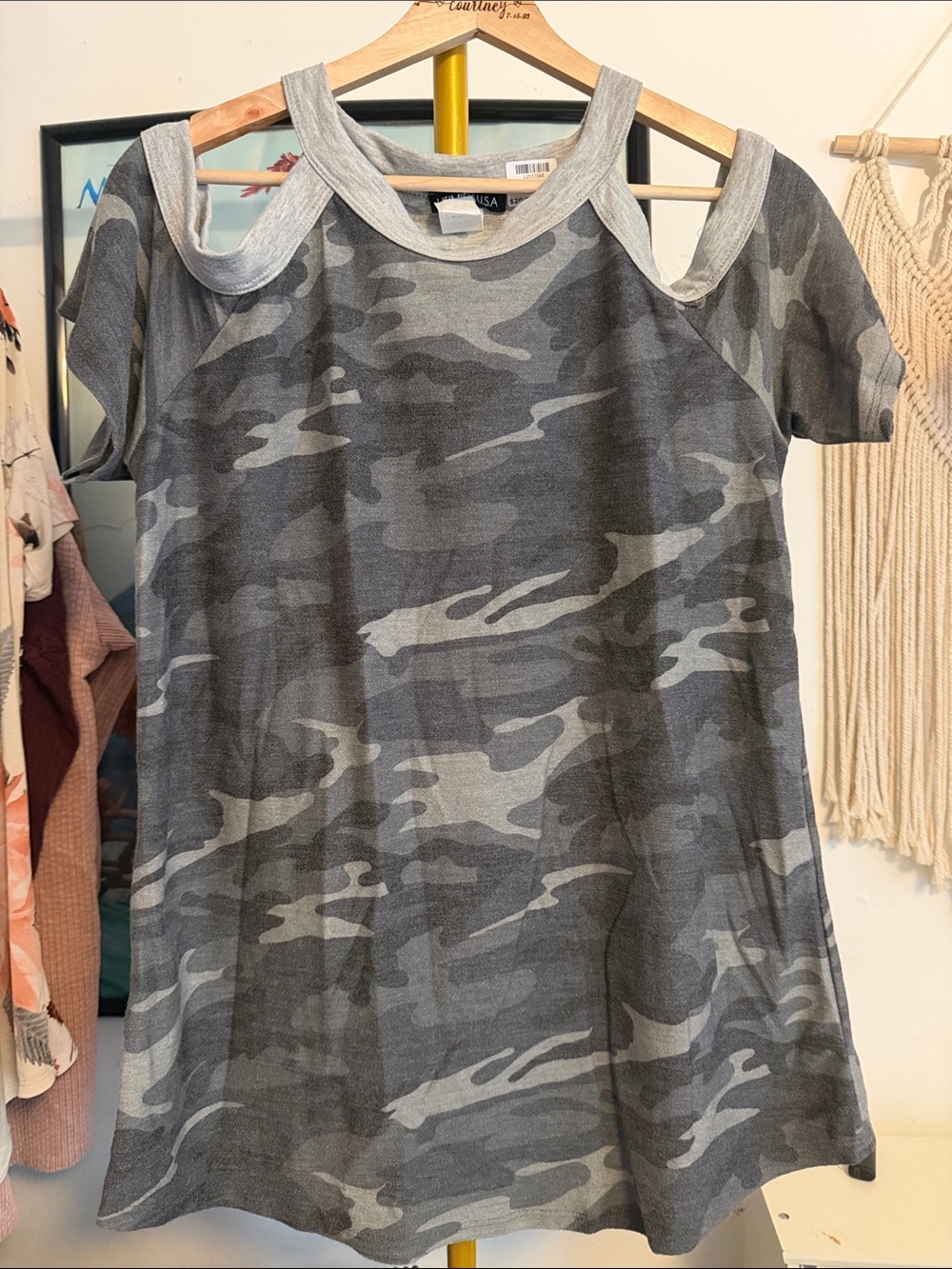 HEIMISH USA Gray Camo Cold-Shoulder Top